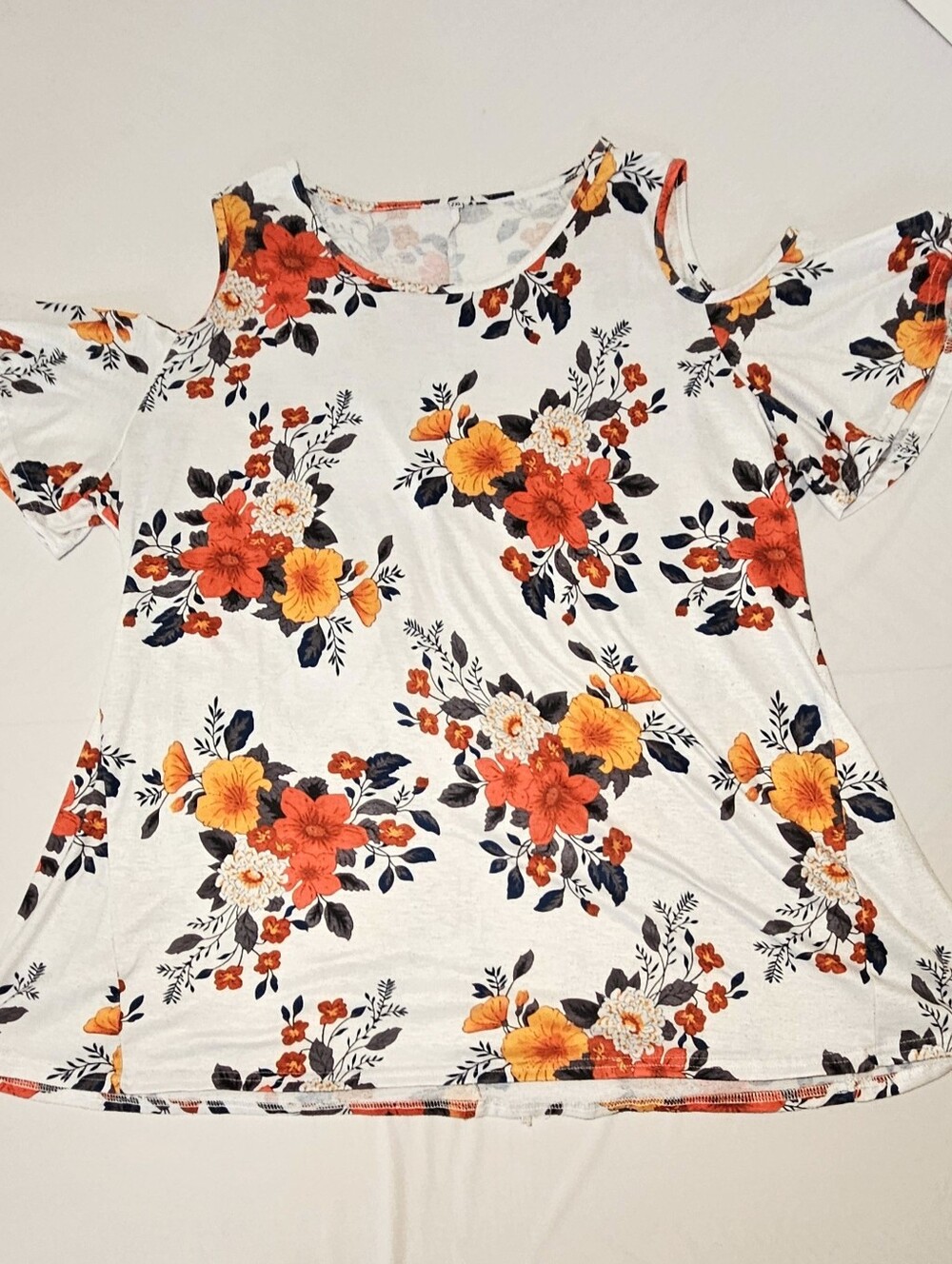Floral Cold Shoulder Top • White, Orange, & Black Short Sleeve Women’s 2X